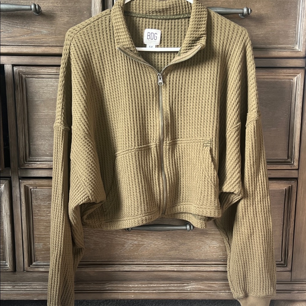 BDG Olive Waffle Zip-Front Cropped Pullover